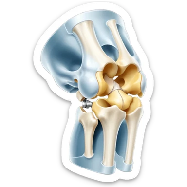 3D render of Metal Plate in Knee, X-Ray imaging aesthetic, translucent materials showing internal structure, white leg bones with bright opaque white metal screws, medical scan style, emoji style, isolated on white background --v 6.0. sticker