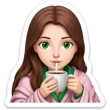 woman with very long brown hair and green eyes in a light pink blanket sipping coffee sticker