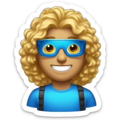 guy with golden lacy hair, blue vr glasses, blue supreme shirt and shiny teeth sticker