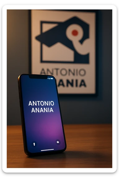 A photo of an iPhone on the desk with the message "Antonio Anania" on its screen, The phone sits atop a desk with a blurred with the logo in the background that suggests work environment. A faint glow from above casts gentle shadows across the surface of each object, creating depth and highlighting their textures sticker