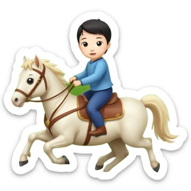 l little chinese baby riding on a  cute horse running really fast on the grass with 2026 year's label sticker