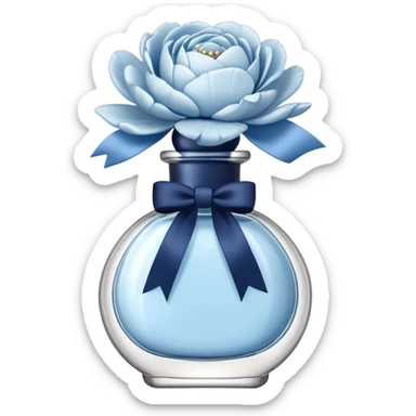 pearl blue vintage style perfume bottle and navy colored peonies and a powder blue bow sticker