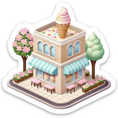 isometric exterior little beige and white ice cream parlour with abundant pastel florals everywhere sticker