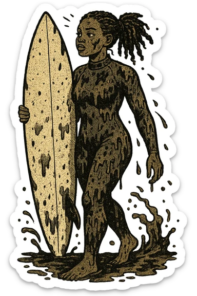 The full body of a modern day black surfer girl in her twenties carrying an upright surfboard and wearing a wetsuit.  The girl is covered in sewage and pollution from the sea. sticker