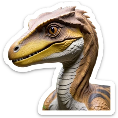 Beautiful and Majestic jurassic park Velociraptor Portrait Emoji, Head and body rendered in serene repose with a subtle, confident smile, showcasing a lithe, agile form with a refined, noble snout and eyes softly closed in tranquil contemplation, Simplified yet exquisitely endearing features, highly detailed, glowing with a soft, drowsy prehistoric light, high shine, relaxed and utterly majestic, stylized with an air of timeless dinosaur elegance, soft glowing outline, capturing the essence of a beautiful and majestic jurassic park Velociraptor that embodies the legendary spirit of jurassic park Park dynamics! sticker