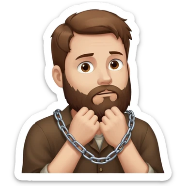 White man with brown hair and beard with anxiety and begging. holding a chain in his hands. profile view sticker