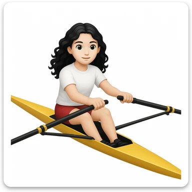 Altındaki tekneyi olimpik kürek sporu için uygun, uzun ve ince yarış teknesi olarak değiştir. Kız siyah uzun dalgalı saçlı, beyaz tenli, kırmızı şort ve beyaz kısa kollu tişörtle olimpik kürek sporu yapıyor sticker