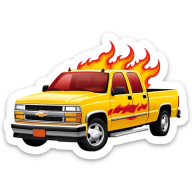 1997 yellow Chevy C-2500 Crew Cab with intricate airbrushed red flame design spreading across front, realistic flame artwork like in Kill Bill movie, 30-degree view, iOS emoji style sticker