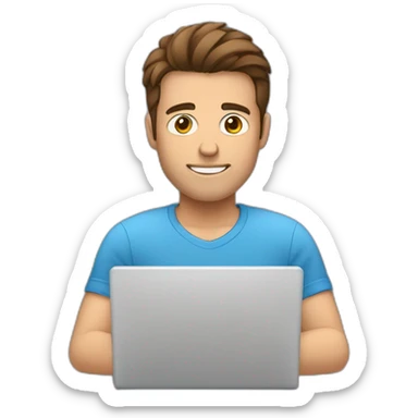 A man with brown hair, brown eyes, and a blue shirt. He is typing a message on his laptop sticker