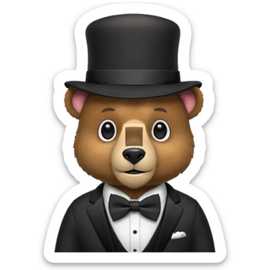 Un animatronico que es un oso con gorro elegante y moño negro sticker