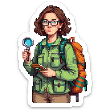 Enthusiastic woman naturalist in her 40s with glasses, colorful hiking outfit, backpack, holding magnifying glass sticker