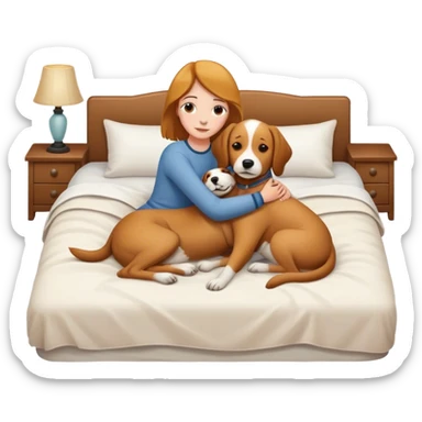 Dog and human cuddling on a bed sticker