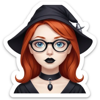 A blue eyed goth redhead witch with black lipstick and glasses sticker