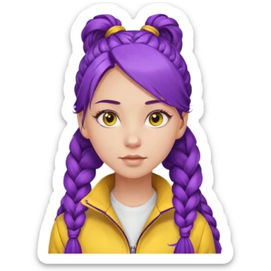 a beautiful girl face, long purple high pony braided hair from the forehead, wearing a white shirt and a yellow jacket sticker