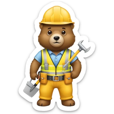 Bear wearing a yellow construction hard hat and tool belt sticker