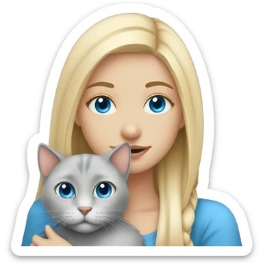 Blonde girl with blue eyes snuggling her grey cat  sticker