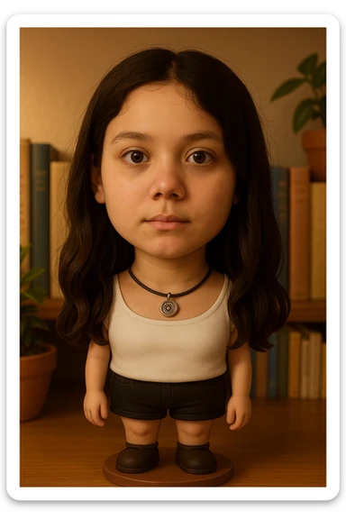 Transform the girl on the left into a bobblehead character, keeping her hair, necklace, and white top, in the bobblehead style. sticker