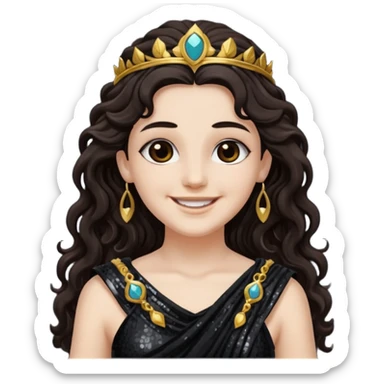 Libera, Goddess of Death from Roman Deities with long dark brown wavy hair, black sequin toga sticker