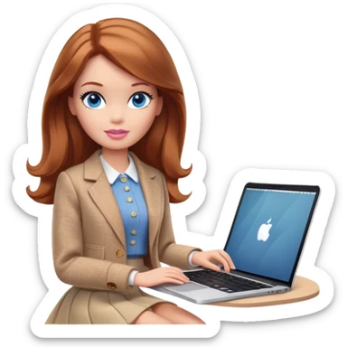 A Barbie girl with blue eyes, shoulder-length reddish-brown hair, made-up, wearing a beige tweed jacket and a beige skirt, is sitting with a MacBook sticker