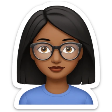 A 30 year woman emoji with medium-dark skin, straight shoulder-length black hair parted to the side, an oval-shaped face, arched dark eyebrows, large brown eyes with glasses, a small nose, and natural-toned lips. sticker