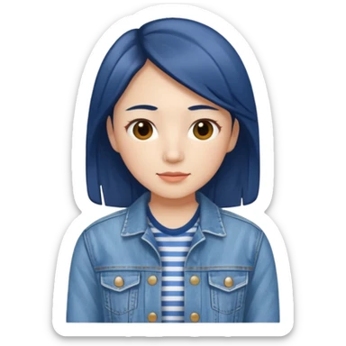 Teresa Li in blue and white striped shirt and denim jacket  sticker