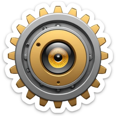 Minimalist emoji-style sticker of a mechanical gear with a realistic eye in the center. Flat graphic icon in grayscale. sticker