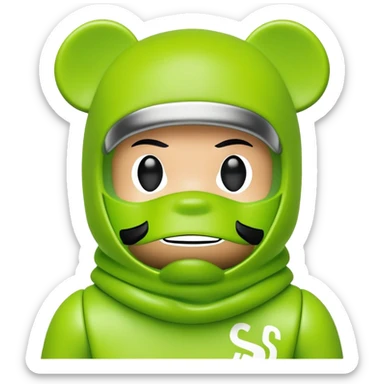 bearbrick toy wearing a lime green balaclava with Supreme logo and thick aggressive eyebrows showing above sticker