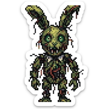 Make Springtrap appear even more damaged, with more torn suit, exposed wires, and broken animatronic parts in pixel art style. Remove background. sticker