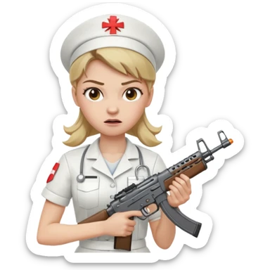 angry dark blonde nurse with an assault rifle sticker
