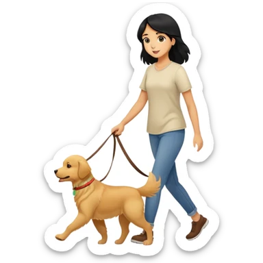A black-haired girl walking with a golden retriever sticker