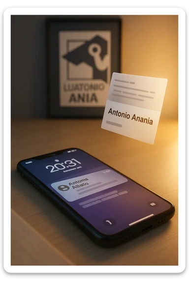 A photo of an iPhone with the message "Antonio Anania" on its screen, hovering over it is another document floating in mid-air, both surrounded by soft light and shadow. The phone sits atop a desk with a blurred background that suggests work environment. A faint glow from above casts gentle shadows across the surface of each object, creating depth and highlighting their textures. sticker