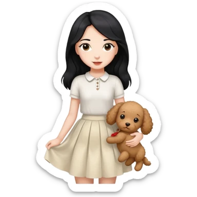 A beautiful girl with long straight black hair wearing a white skirt holding a small brown curly teddy dog sticker