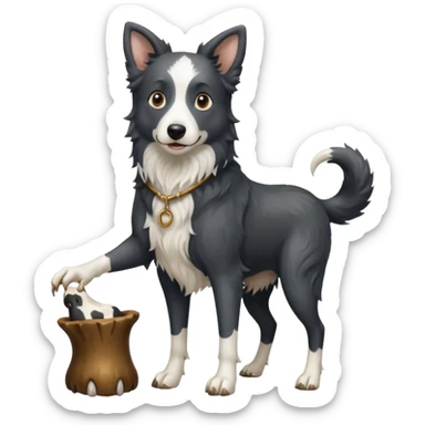 A black and white border collie werewolf, standing on her hind legs, holding a cow's hoof. sticker