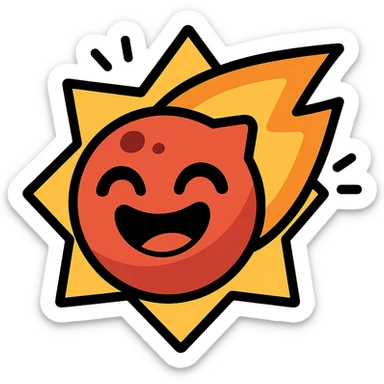 Brawl Stars pin of a smiling meteor with a fame aura, bold outlines, playful expression sticker