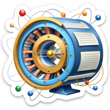 An icon featuring a physics textbook, a large Hadron Collider with particles flying off, symbolizing the study of physics. The design includes atomic models, energy waves, and scientific formulas, representing fundamental physical principles and research. Transparent background. sticker