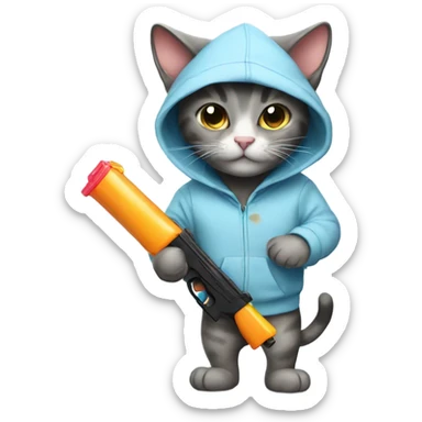 Cat wearing a hoodie with a water gun sticker