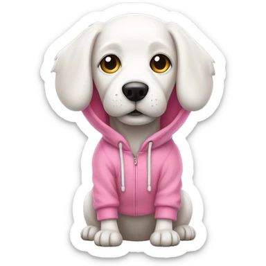 White dog wearing a pink hoodie sticker