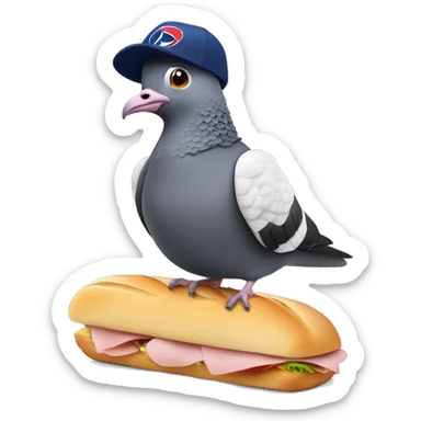 Pigeon with a PSG football club hat lying on a ham and butter baguette sandwich sticker