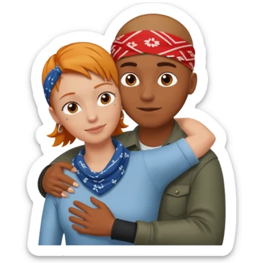 Two people hugging, brown guy with a buzzed cut and bandana, and a white woman with ginger hair sticker
