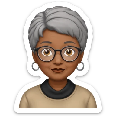 emoji of a black grandma women with black and gray hair in a low ponytail with glasses and brown eyebrows sticker