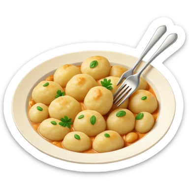 Gnocchi Cinematic Realistic Gnocchi Dish Emoji, depicted as tender potato dumplings garnished with iconic fork marks on top, rendered with soft textures and warm, inviting lighting. sticker