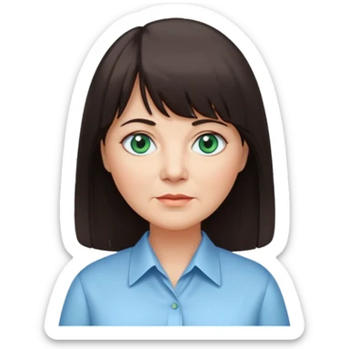 60 yr old woman, blue green eyes, long straight dark brown hair, business shirt, chubby, bangs sticker