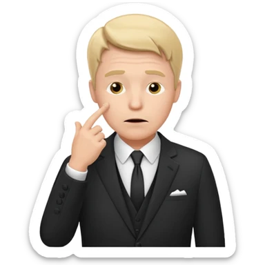 white man in formal suit thinking, hand on mouth, shrugging sticker