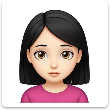 Crear emoji de una chica de piel blanca ojos grandes negro pelo lacio negro con raya al medio tierna, dulce y alegre sticker