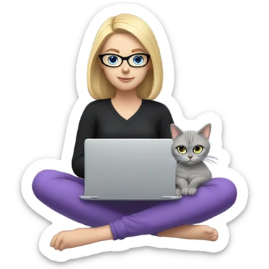 Blonde girl with blue eyes, wearing black glasses and a purple long-sleeve shirt, sitting with a computer and a grey cat. sticker