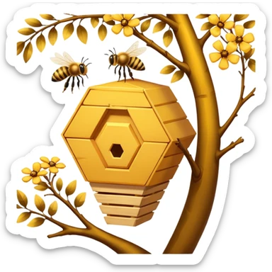 A small hive nestled between tree branches with worker bees. sticker