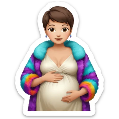 pregnant stylish woman with short pixie brunette hair happily touching her big belly while wearing white gown and fancy fur coat and colorful shades sticker