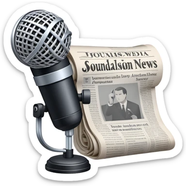 An icon featuring a microphone, a newspaper, and a camera, representing journalism and mass media. The design includes soundwaves and headlines, symbolizing the spread of information and news. Transparent background highlights the power of communication and media. sticker