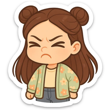 Create a chibi sticker of the girl from the reference image. She has brown straight hair in double buns, brown eyes, wearing a pastel floral cardigan and jeans. She is scrunching up her nose and closing her eyes, looking like she smelled something terrible. The sticker should have a white outline and transparent background, 512x512px. sticker