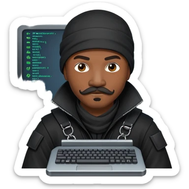 african-american web developer mustache mercenary black asymmetrical ninja hacker terminal command center sticker